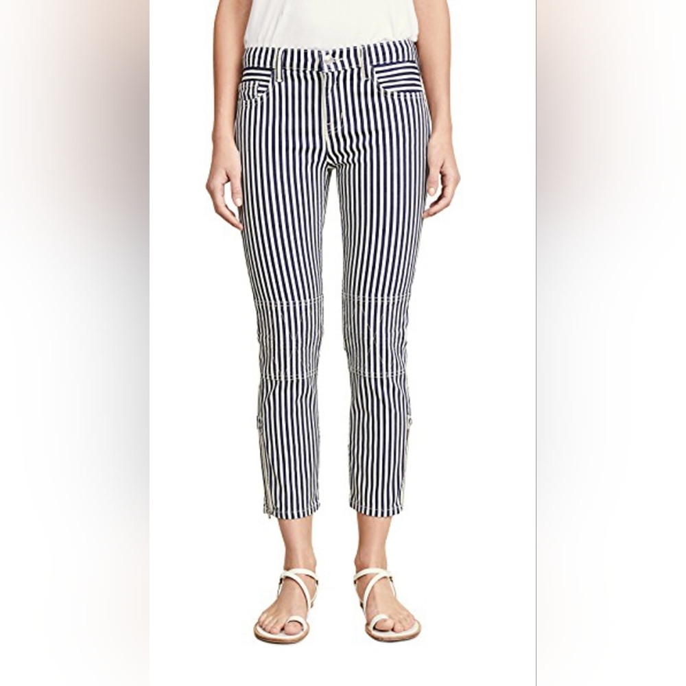 Current/Elliott The Cropped Lexton Pant Blue Stripe Zippered Ankle Size 24